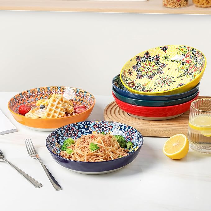 KitchenTour Pasta Bowls Set of 6-30 oz Large Wide & Shallow Serving Bowl, Colorful Ceramic Salad Bowls for Everyday Dining - 8.2 Inch, Microwave and Dishwasher Safe, Bohemian Style