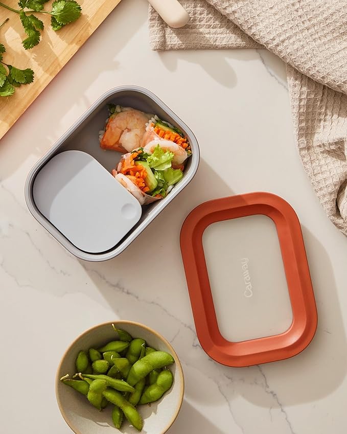 Caraway Mini Rectangle Food Storage Container - 2.6 Cup Glass Storage Container for Food - Non-Toxic Ceramic-Coated Glass - Air Release Technology - Compact & Stackable Design - Sage