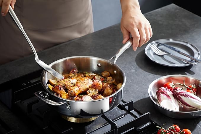 2.8 QT 5-Ply Stainless Steel Saute Pan with Lid, Compatible with All Cooktops, Dishwasher Safe