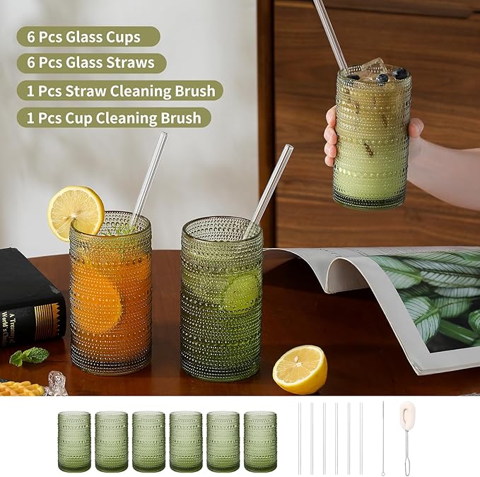 Vintage Glassware Drinking Glasses Set of 6,16oz Hobnail Glass Cups,Embossed Green Water Tumbler,for Cocktail, Juice, Whiskey, Milk and Various Mixed Drinks