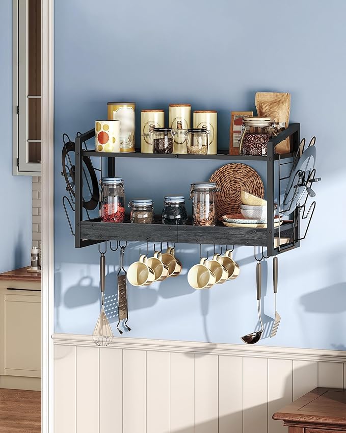 Hanging Pot Rack, Pot Rack Wall Mounted, 2-Tier Kitchen Pot and Lid Organizer, Wall-Mounted Cookware Holder with 12 Hooks, for Kitchen Storage of Pots, Pans, Utensils, Charcoal Black TPR02BC