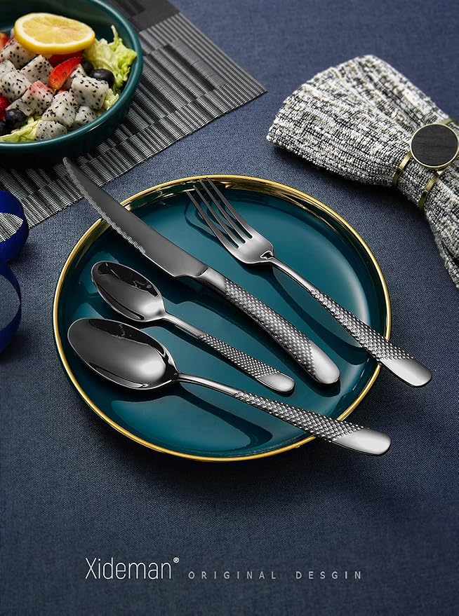 16-Piece Modern Black Hammered Silverware Set with Ultra Sharp 2-IN-1 Serrated Knives, 18/10 Stainless Steel Flatware Set, Titanium Plated Cutlery Set Service for 4, Dishwasher Safe