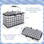 Insulated Picnic Basket,Collapsible Cooler Bag,32L Grocery Basket with Lid,2 Sturdy Handles,Storage Basket for Picnic,Food Delivery,Take Outs,Market Shopping,Travel (Black Grid)