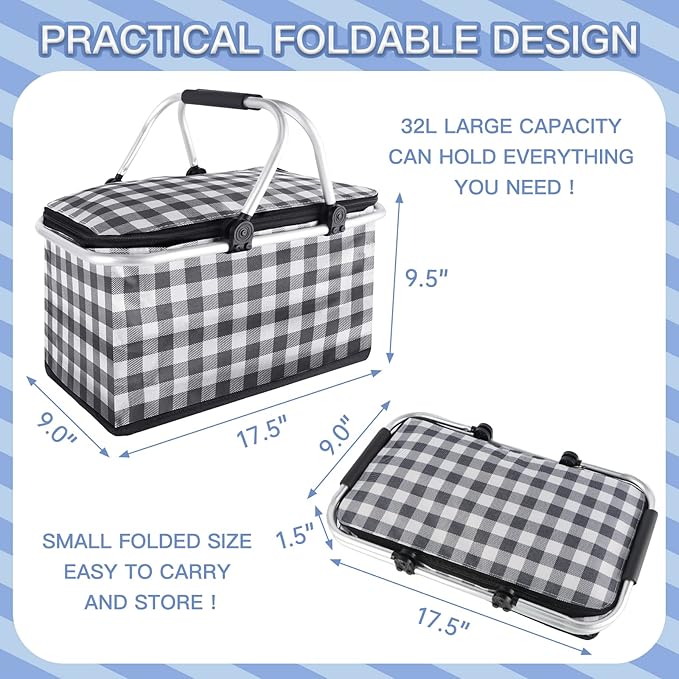 Insulated Picnic Basket,Collapsible Cooler Bag,32L Grocery Basket with Lid,2 Sturdy Handles,Storage Basket for Picnic,Food Delivery,Take Outs,Market Shopping,Travel (Black Grid)