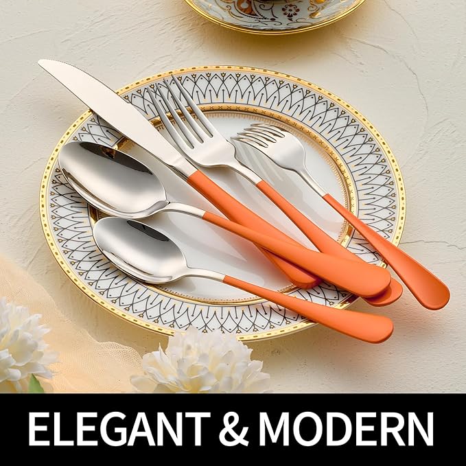 20-Pieces Orange Silverware Sets for 4,Orange Handle Stainless Steel Cutlery Set, Include Forks Spoons and Knives Set, Dishwasher Safe Utensil Sets for Home Restaurant