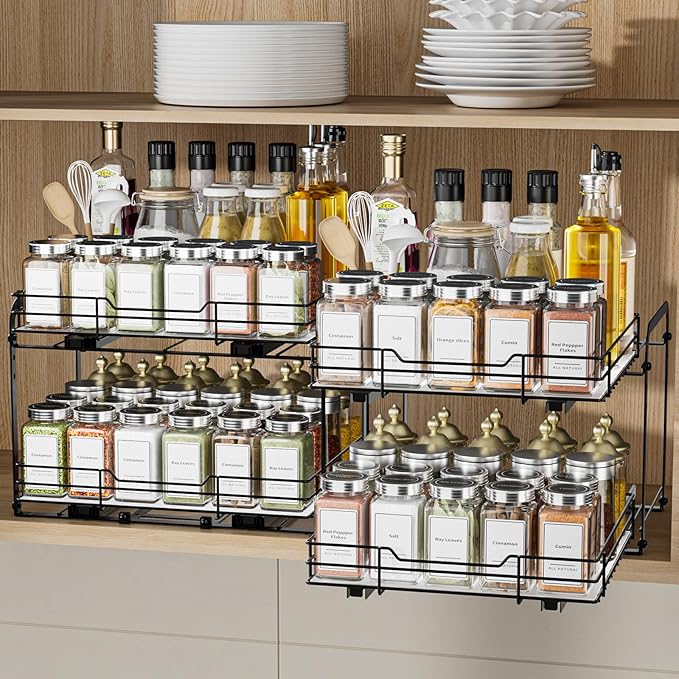 2-Tier Spice Rack Organizer, Pull Out Spice Rack for Cabinet, Height Adjustable Heavy Duty Metal Basket for Inside Cabinet & Pantry (11.5''Wx10.5''Dx9.5''H)