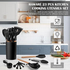 HaWare Kitchen Cooking Utensils Set, 23-Piece Silicone Kitchen Utensils Spatula Set with Holder, Heat Resistant Wooden Handle Kitchen Gadget for Nonstick Cookware, Food-grade Turner Spoon Sets (Black)