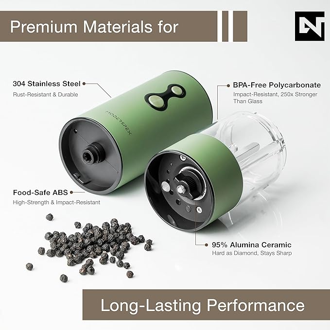 Electric Salt and Pepper Grinder Set USB-C Rechargeable, Dual-Speed Automatic Salt and Pepper Mills with Adjustable Grind Levels, Ceramic Burr, LED Light, Refillable, (Sage Green)