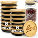 16 Pcs Regular Mouth Jar Lids & Wide Mouth Mason Jars Lid Reusable Bamboo Canning Lid for Jars Tops Airtight Wooden Lids for Glass Cups Silicone Mason Jar Covers Canning Accessories and Supplies