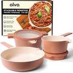 Alva Neat 5-Piece Nesting Cookware Set – Stackable Nonstick Pots & Pans with Universal Lids, Space-Saving Design for Apartments, RVs & Compact Storage - Save 50% Cabinet Space