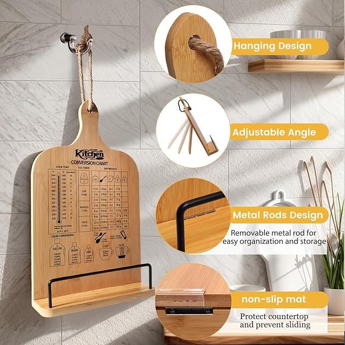 Cookbook Stand for Kitchen Counter, Bamboo Cookbook Holder, Foldable Cook Book Holder, Adjustable Recipe Book Stand, Cook Book Stand with Measurement Conversion Chart