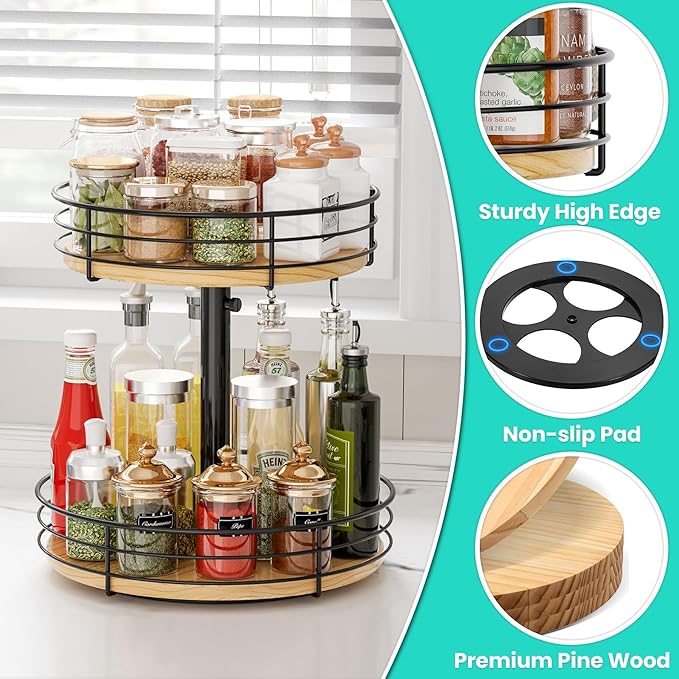 Two Tier Lazy Susan Organizer Turntable Height Adjustable, 12 Inch Wood Lazy Susan 2 Tier, Rotating Spice Rack Organizer for Cabinet Dining Table Top Kitchen Bathroom Countertop Black