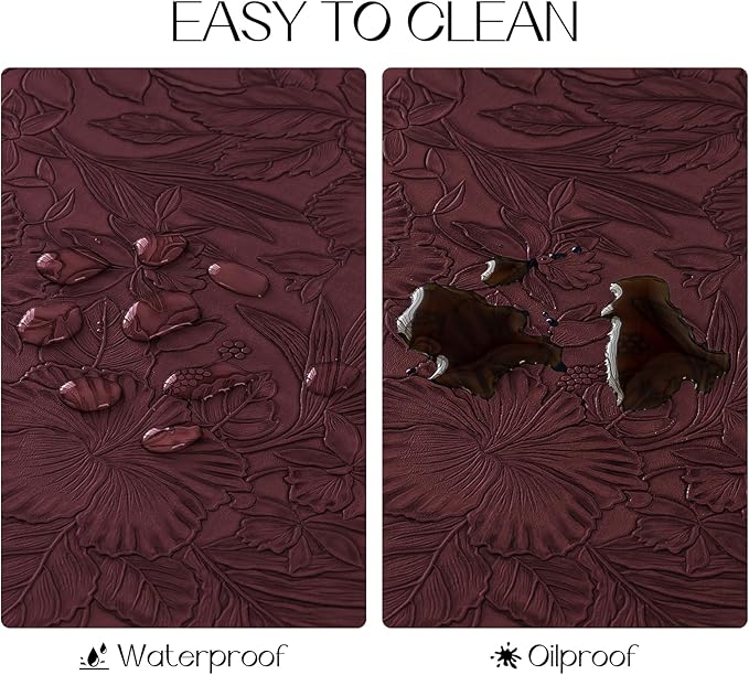 Romanstile Vinyl Placemats Set of 4-12 X 18 Inch - Heat Resistant Non-Slip Embossed Floral Place Mats 100% Waterproof Oilproof Wipeable Faux Leather Table Mats for Kitchen/Dining/Party, Burgundy