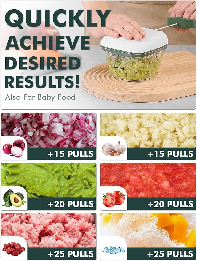 Manual Food Processor Vegetable Cutter, Geedel Pull Chopper with String, Food Chopper Vegetable Cutter for Veggies, Fruits, Salad, Onion, Ginger, Nuts, Herbs, etc, 2 Cup(500ml), Green