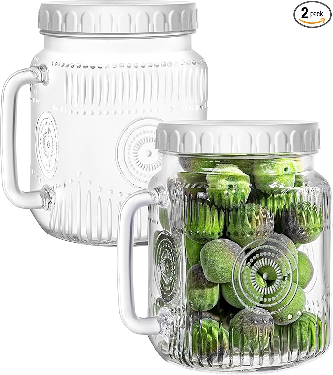 Amzcku 2 Pack Large Glass Mason Jars, 74 oz Wide Mouth with Lid with Handles for Fridge, Glass Canisters for Food Storage, DIY Decor, Perfect for Sugar, Flour, Cookies, Pickles, and More
