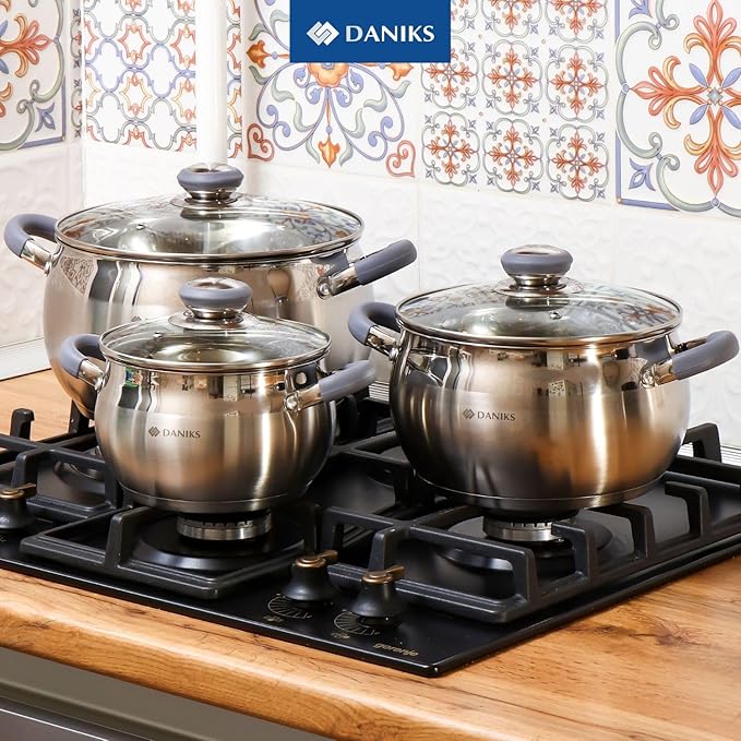 Daniks Modern Frying Pan With Lid Included, 11-Piece Stainless Steel Induction-Compatible Cookware Set, Dishwasher Safe, Heatproof Handles, Glass Lids, Silver