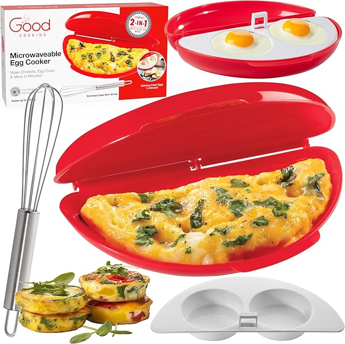 Microwave 2 in 1 Omelet Maker and Egg Cup Cooker - Make Easy Poached, Fried, or Scrambled Eggs w Removable Tray- Steel Whisk & Recipe Book included - Amazing Breakfast Sandwiches in Minutes- PVC Free