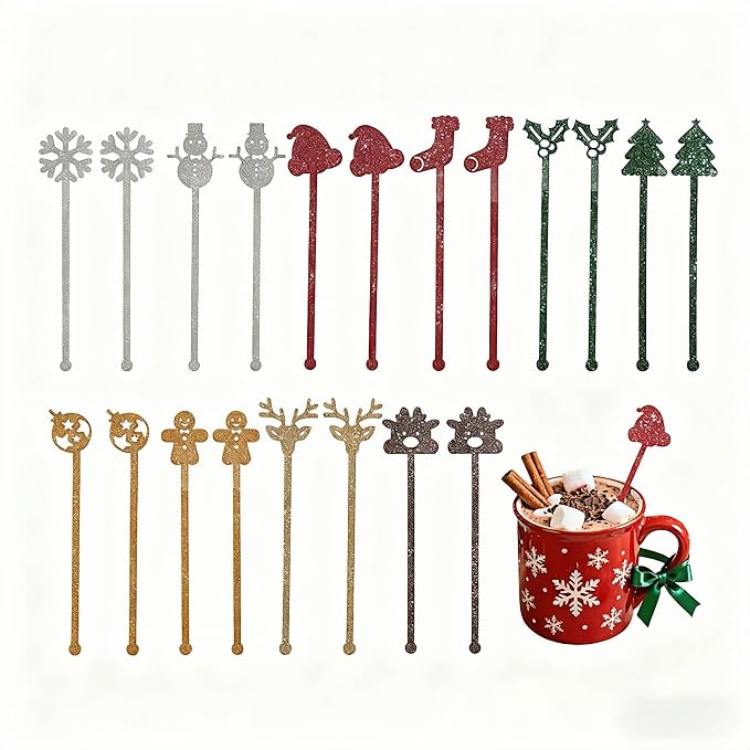 20 Pcs Christmas Drink Stirrers, 5.9" Glitter Plastic Holiday Stir Sticks with 10 Festive Designs for Holiday Hot Chocolate, Cocktails, Coffee & Party Decor