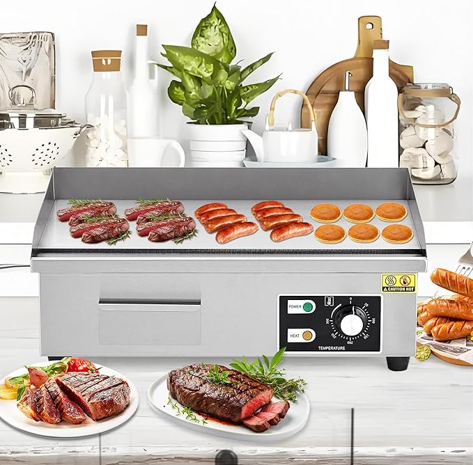 21 in Commercial Electric Griddle Countertop, 1600 w Flat Top Breakfast Teppanyaki Grill Non Stick, Heavy Duty Stainless Steel Pancake Griddle for BBQ Party Restaurants