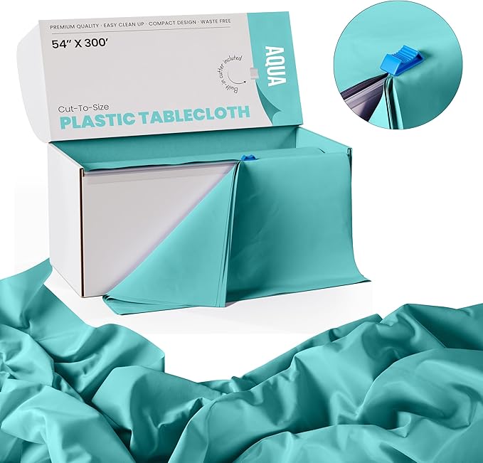 Exquisite Party Solids 54 Inch X 300 Feet Aqua Plastic Table Cover Roll in A Cut - to - Size Box with Convenient Slide Cutter. Cuts Up to 36 Rectangle 8 Feet Plastic Disposable Tablecloths