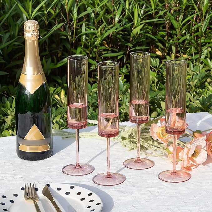 24 Pieces Acrylic Pink Champagne Flutes 5.4 OZ Square Champagne Glasses Stemmed Coupes Reusable Wedding Toasting Glasses Rose Bride Wine Glasses For Birthday Party Wedding Anniversary Christmas