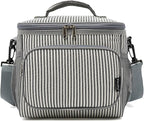 FlowFly Insulated Reusable Lunch Bag Adult Large Lunch Box for Women and Men with Adjustable Shoulder Strap,Front Zipper Pocket and Dual Large Mesh Side Pockets,Stripes