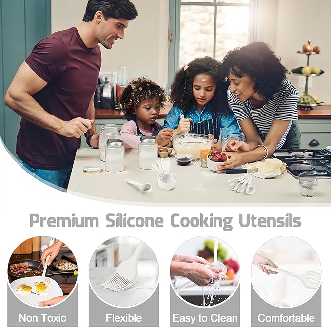 E-far Silicone Cooking Utensils Set, 25 Piece Kitchen Utensils with Holder, Non Toxic Kitchen Tools Spatula, Turner, Spoon, Ladle for Nonstick Cookware, Heat Resistant & Dishwasher Safe - White