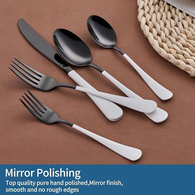 20-Piece Black Silverware Set 18/0 Stainless Steel Flatware White Handle Cutlery Set Service for 4 Dinner Knives Forks Spoons Set Mirror Finish Dishwasher Safe