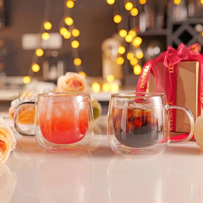 CNGLASS 12oz Double Walled Glass Coffee Mugs(4-pack),Large Clear Coffee Cups with Handle,Glass Espresso Mugs for Latte,Cappuccino,Tea