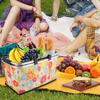 Insulated Picnic Basket,Collapsible Cooler Bag,32L Grocery Basket with Lid,2 Sturdy Handles,Storage Basket for Picnic,Food Delivery,Take Outs,Market Shopping,Travel (Flower)