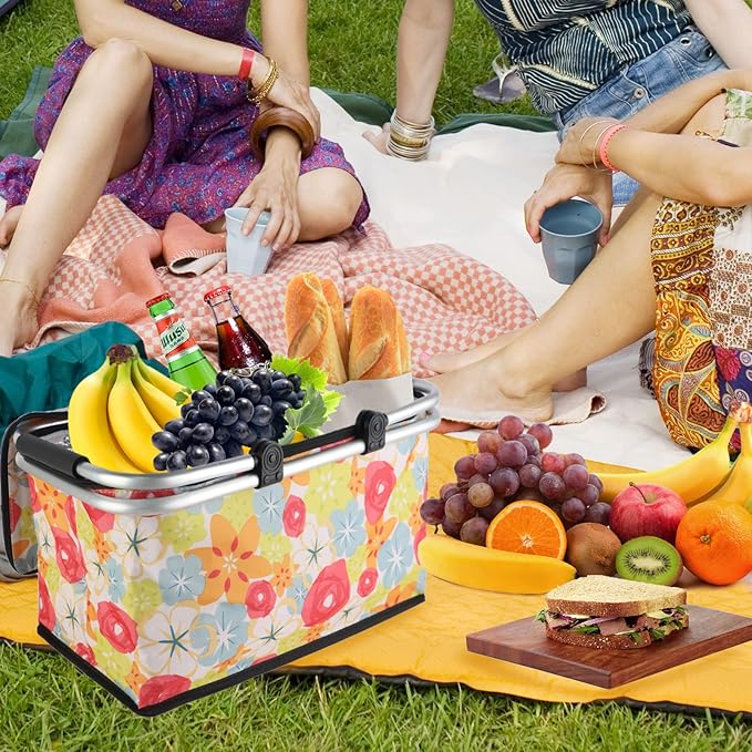 Insulated Picnic Basket,Collapsible Cooler Bag,32L Grocery Basket with Lid,2 Sturdy Handles,Storage Basket for Picnic,Food Delivery,Take Outs,Market Shopping,Travel (Flower)