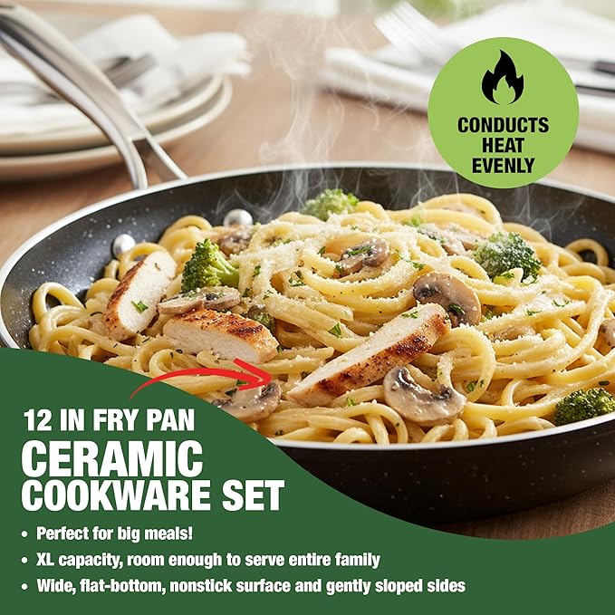 Granitestone 3pc Non Stick Frying Pans Set, 8,10,12 inch Ceramic Frying Pan Skillet Set, Non Toxic Frying pans Nonstick for Cooking, Induction Ready, PFAS & PFOA Free, Oven & Dishwasher Safe - Black