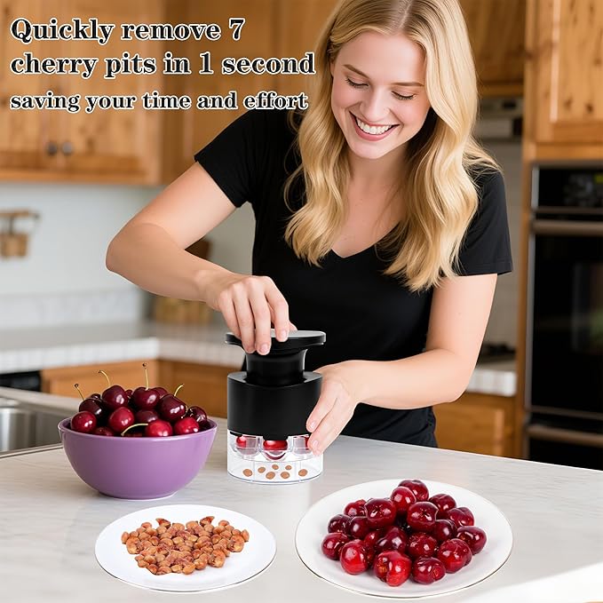 Cherry Pitter, 7-Hole Long Plunger Push Button Cherry Core Remover Tool with Splatter Protector, Quickly Pitting Cherries for Making Jam, Pies (Black)
