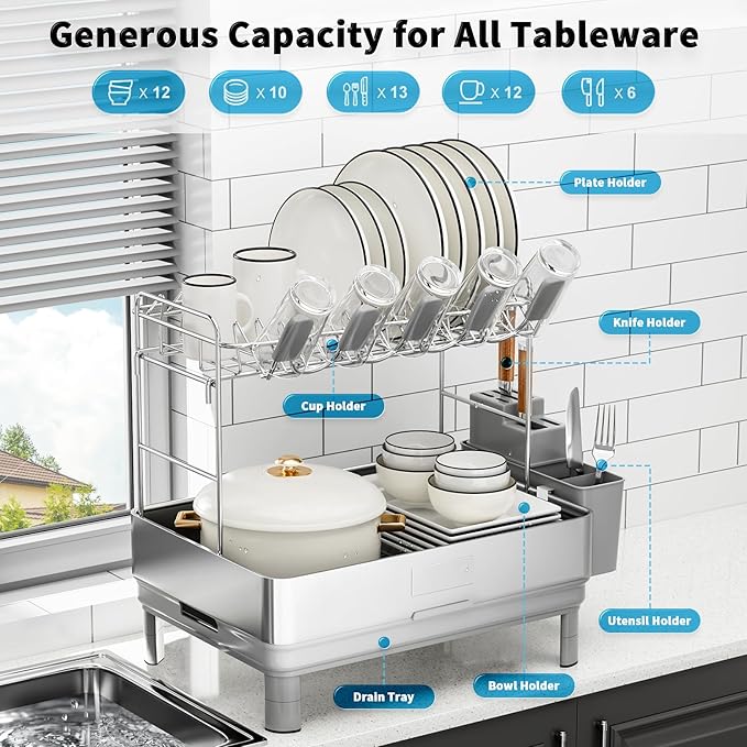 Dish Drying Rack, 2 Tier Large Dish Rack, Stainless Steel Dish Drainer for Kitchen Counter, Dishes Rack with Automatic Drainage, Utensil Holder&Cups Holder,Space Saving Kitchen Organizer,Gray