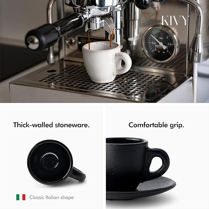 KIVY 3 oz Espresso cups set of 4 - Thick walled stoneware espresso cup set - Italian style cups and saucers - Demitasse cups set of 4 - Espresso mugs black - Coffee shot cups & saucers