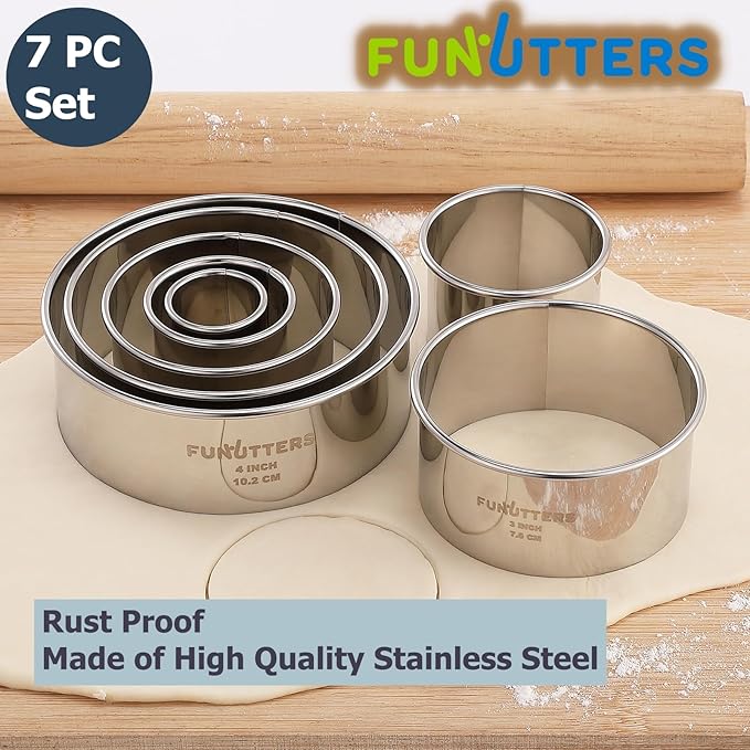Cookie Cutters Set, 7 Pc. Kit, Measuring 1'', 1.5'', 2'', 2.5'', 3'', 3.5'', and 4'', Round Metal Baking Rings for Pastry, Biscuits, and Dough Cutting, Heavy Duty and Reusable, Multiple Sizes