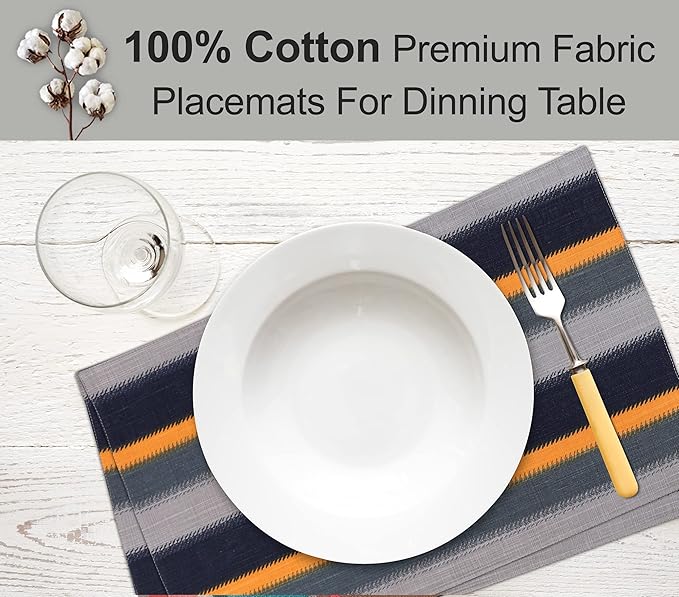 Ruvanti Placemats 100% Cotton 13x19 Inch, Dining Table Placemats Set of 6, Modern Place Mats for Dining Table Decor, Kitchen & Table Linens, Coffee Mat for Christmas Dinners - Stripes