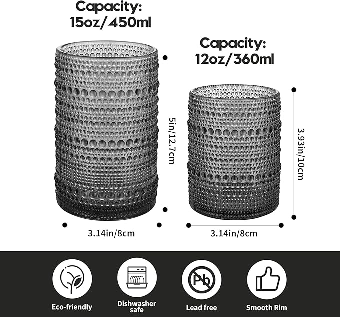 Hobnail Drinking Glasses Set of 12, 12oz & 15oz Vintage Glassware Set Cocktail Glass Set, Embossed Gray Water Tumbler,for Beer, Whiskey,Juice and Various Mixed Drinks