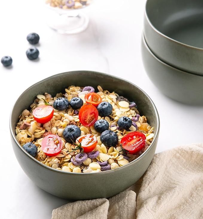 AmorArc Stoneware Cereal Bowls for Kitchen, 28oz Large Ceramic Soup Bowls Set of 4 for Meal,Snacks,Soup, Oven, Microwave&Dishwasher safe Kitchen Bowls with Wavy Rim, Reactive Glaze Matte