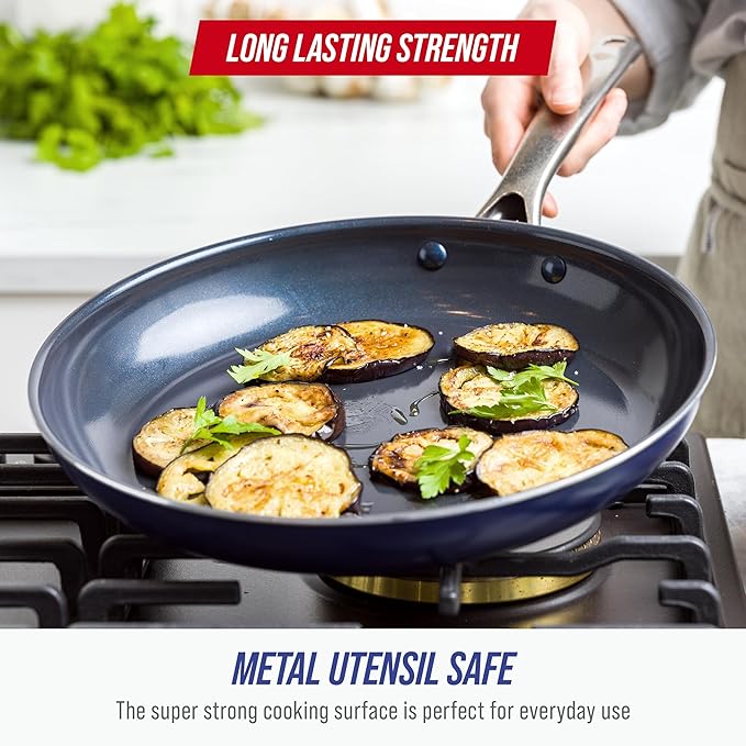 Blue Diamond 12" Nonstick Frying Pan with Lid, Diamond Infused PFAS & PTFE-Free Ceramic Skillet, Dishwasher & Oven Safe, Stay Cool Handle, Durable Non Toxic Metal Utensil Safe, Glass Lid, Blue