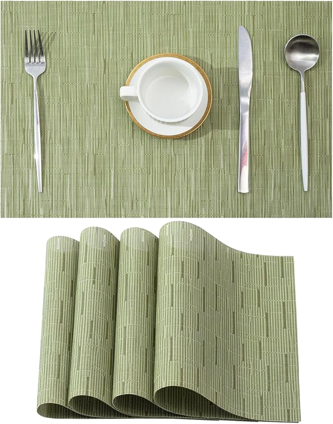 Leetaltree Pea Green Placemats Set of 4 - Heat Resistant Non-Slip Place mats for Dining Table, Washable Durable PVC Vinyl Woven Table Mats（Pea Green, 4）