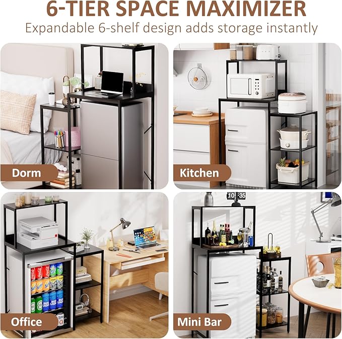 Mini Fridge and Microwave Stand Over Refrigerator Storage Shelf with Power Outlet, 5 Tiers Adjustable Bakers Rack Cabinet Coffee Bar Appliance Organizer for Dorm Office,Black