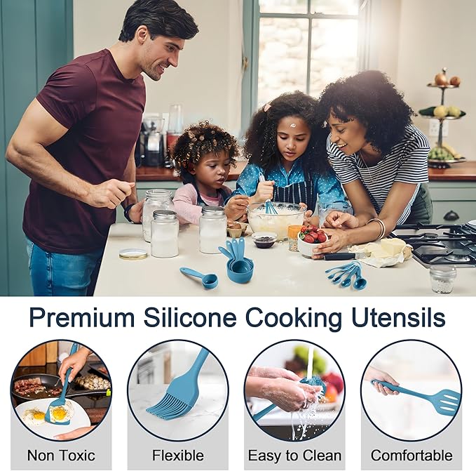 E-far Silicone Cooking Utensils Set, 25 Piece Kitchen Utensils with Holder, Non Toxic Kitchen Tools Spatula, Turner, Spoon, Ladle for Nonstick Cookware, Heat Resistant & Dishwasher Safe - Blue
