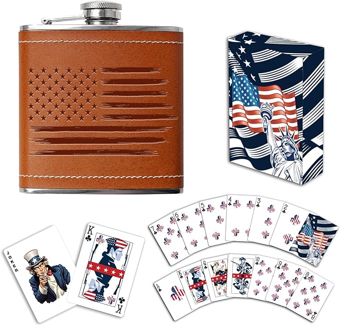 American Flag Flask & Card Set Leather-Wrapped USA Flask with Playing Cards | Disabled Vet Owned SMALL Business | Flag Flask & Card Set