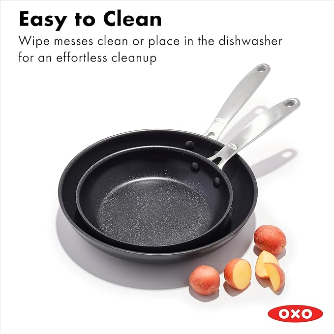 OXO Enhanced 8" and 10" Frying Pan Skillet Set, Healthy Ceramic Nonstick, PFAS-Free, Stainless Steel Handle, Dishwasher Safe, Oven Safe, Black