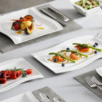 MALACASA Plates and Bowls Sets, 26 Pieces Ivory White Porcelain Dinnerware Sets without Mugs, Square Dinnerware with Dinner Plates, Bowls and Serving Platters, Modern Dish Set for 6, Series Flora