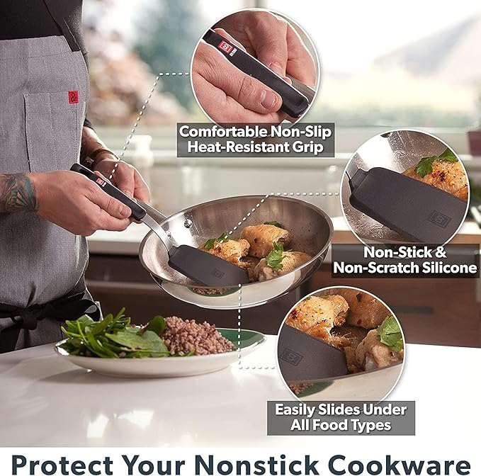 DI ORO Silicone Turner Spatula Set - Forever Warranty - Kitchen Spatulas for Nonstick Cookware - 600°F Heat-Resistant & BPA Free - Flexible & Thin Flippers for Turning Eggs & Pancakes (6 Piece, Black)