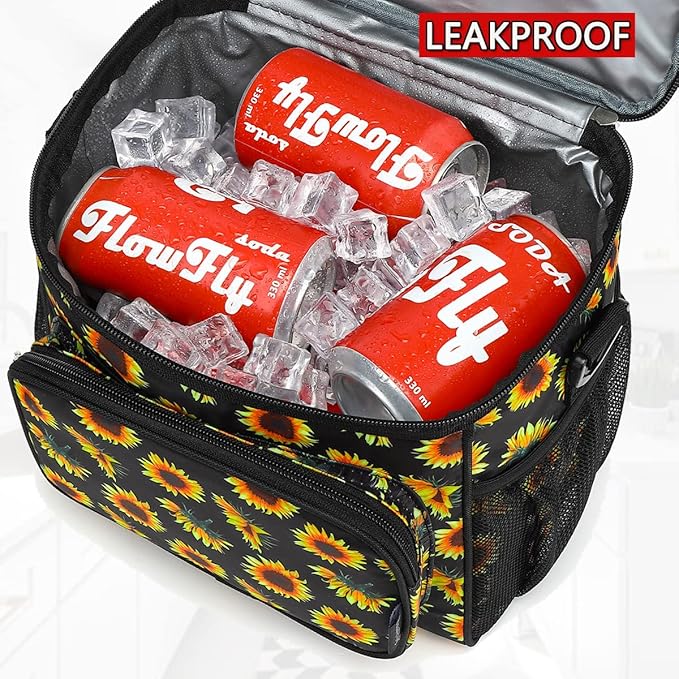 FlowFly Insulated Reusable Lunch Bag Adult Large Lunch Box for Women and Men with Adjustable Shoulder Strap,Front Zipper Pocket and Dual Large Mesh Side Pockets,Sunflower