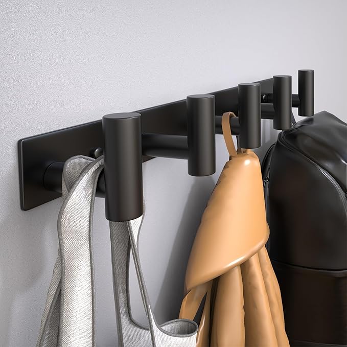 Coat Rack Wall Mounted with 5 Hooks,Metal Wall Hooks for Hanging Towel Coat Bag, Stainless Steel Coat Hooks Hat Rack Coat Hanger Towel Hooks for Entryway Bathroom Kitchen (Black, 2 Packs)
