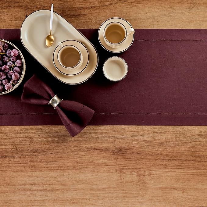 Solino Home Linen Burgundy Table Runner 72 Inches Long - 100% Pure Linen Hemstitch Table Runner 14 x 72 Inch for Dresser, Dining, Summer, Fall, Autumn, Halloween - Classic Hemstitch